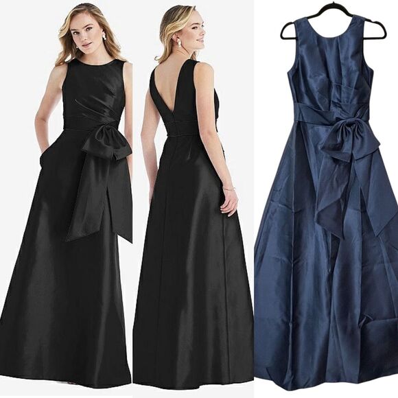 Alfred Sung High Neck Bow-Waist Maxi Dress Pocket D803S Midnight Women's 4R NWOT - Picture 1 of 10
